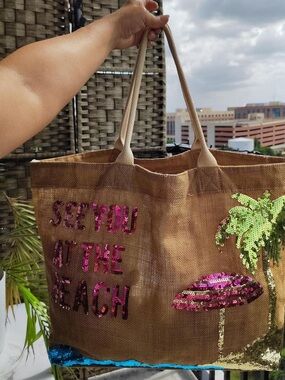 Mud Pie Sequin Straw Tote with Pink & Gold Accents